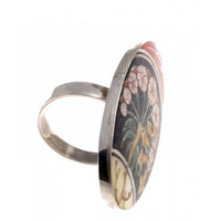 Silver Mother Pearl Hand Painted Ring Inspired by Mucha