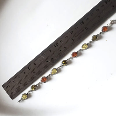 7 inch multicolor amber in sterling silver link bracelet