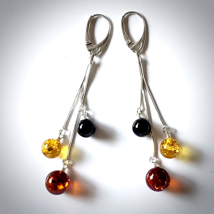 Honey cherry beads long amber earrings with sterling silver
