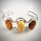 3 natural amber stones cuff bracelet in sterling silver