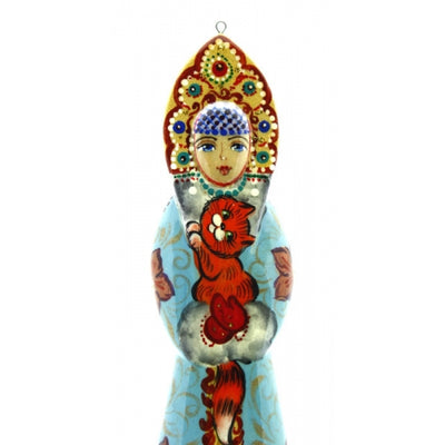 Girl and Orange Cat Russian Hand Carved Painted Christmas Ornament