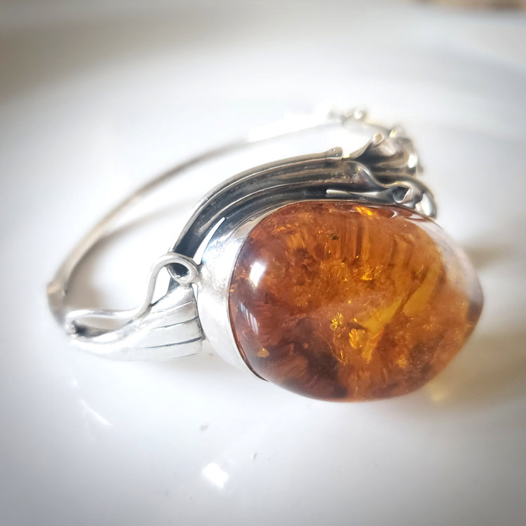 Oval Amber Silver Bracelet for a large wrist