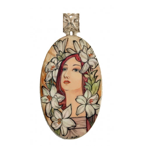 Hand Painted Silver Pendant inspired by Lila, Alphonse Mucha