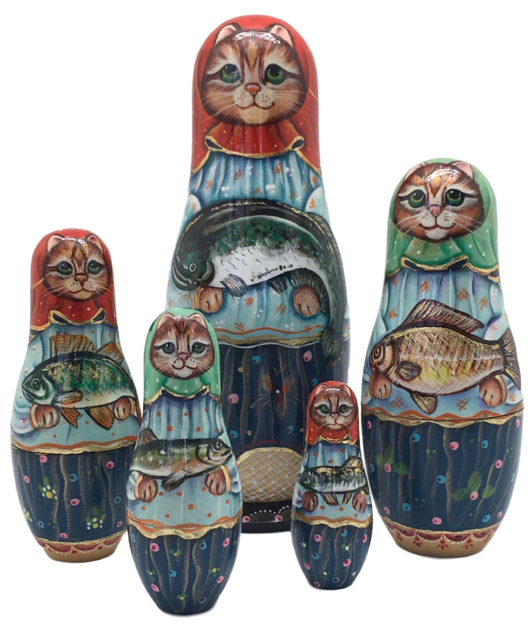 Red Cat With Fish Matryoshka Dolls 5 pieces set BuyRussianGifts