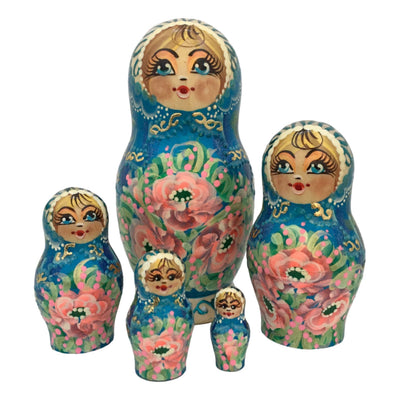 Russian nesting dolls blue pink flowers 