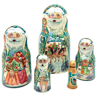Russian Santa Winter Village Green Nesting Doll Christmas Set of 5 BuyRussianGifts Store