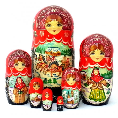 BuyRussianGifts Russian Winter Horse Troika Nesting Set Wood Hand Painted Doll 7 Tall