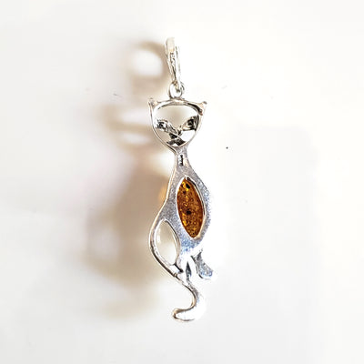 silver amber cat necklace