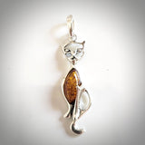 silver cat pendant with honey natural amber