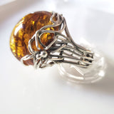 Silver Spider on Web Unique Large Amber Ring BuyRussianGifts Store