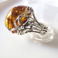 Silver Spider on Web Unique Large Amber Ring BuyRussianGifts Store