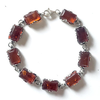 Link Rectangular Amber Bracelet in sterling silver 7.5 inch long