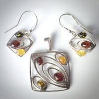 modern square silver amber jewelry set