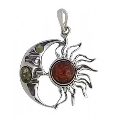 Star Moon Multicolor Amber Sterling Silver Pendant