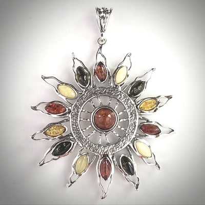 Large Sun silver amber pendant