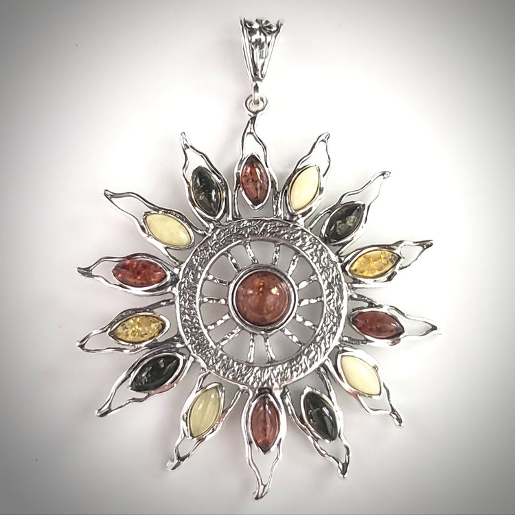 Large Sun silver amber pendant