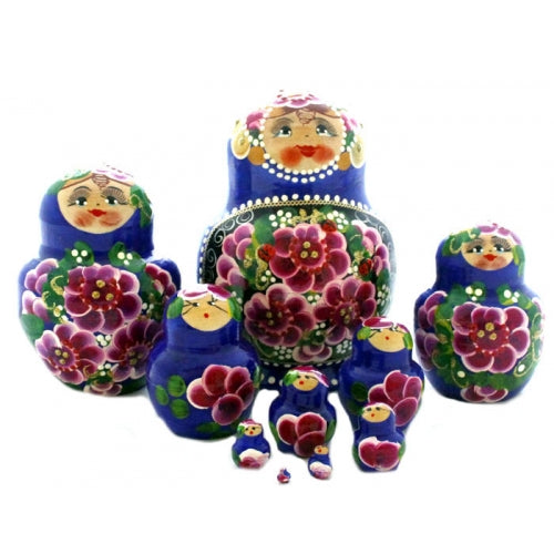 Traditional 10 Piece Blue Nesting Doll with Ladybug