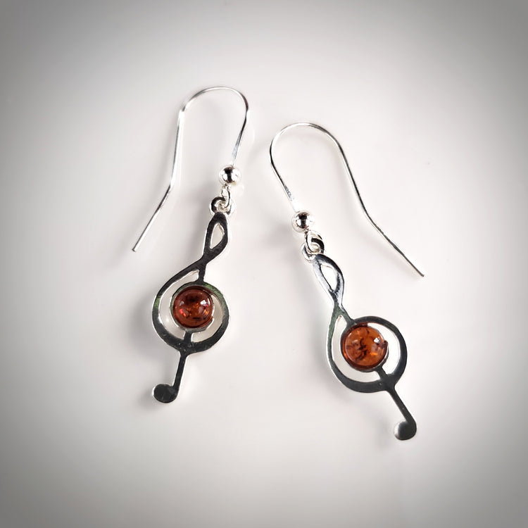Musical note Treble Clef silver and amber earrings
