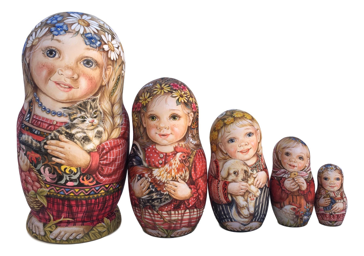 Unique Authentic Russian Collectable Nesting Dolls Farm Children