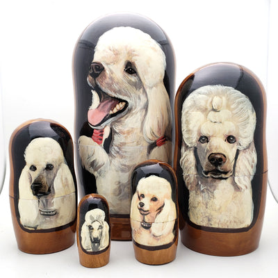 White Albino Poodle Dog Breed Nesting Doll 7" Set