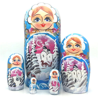 Winter Village Blue Russian Nesting Doll