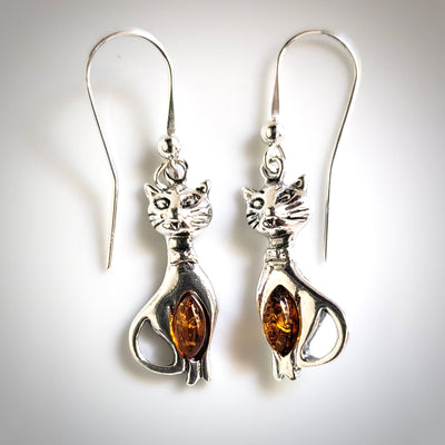 Silver Cat with Honey Amber Earrings BuyRussianGifts