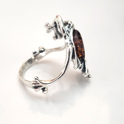 natural amber frog ring in silver