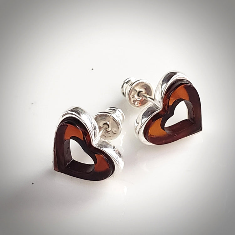 amber heart stud earrings in silver