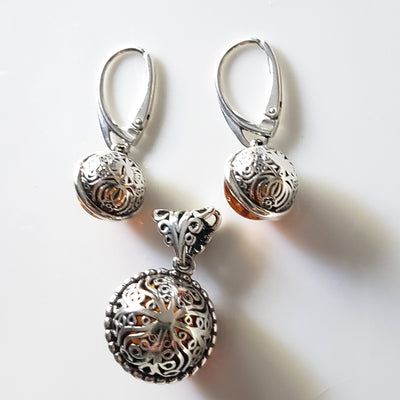 round amber bears earrings pendant set in filigree silver 