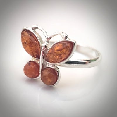 Classic Natural baltic amber butterfly ring in sterling silver