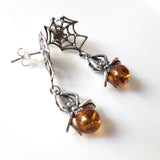 amber spider on silver web earrings