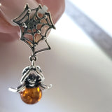 amber spider silver web earrings