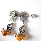 amber spider silver web  post earrings