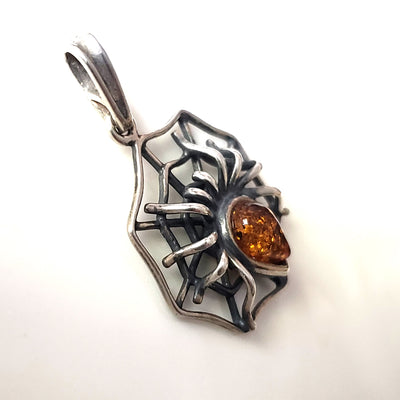 spider web with amber spider silver pendant