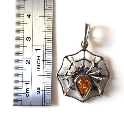 spider web with amber spider silver pendant