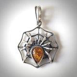 spider web with amber spider silver pendant