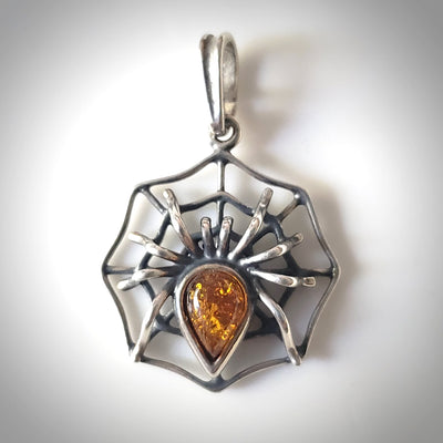 spider web with amber spider silver pendant