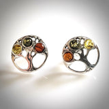 sterling silver tree of life stud earrings with natural amber