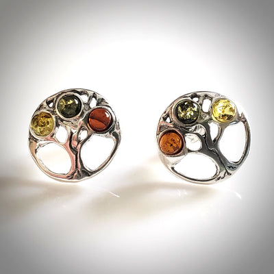 sterling silver tree of life stud earrings with natural amber