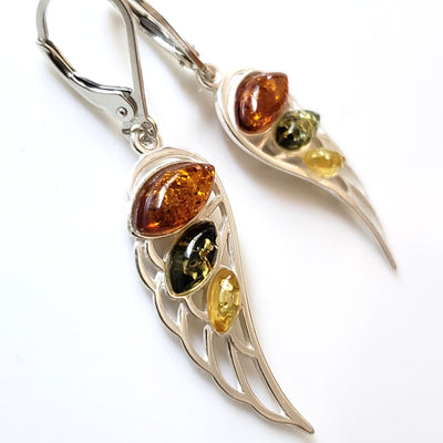 angel wings silver amber earrings