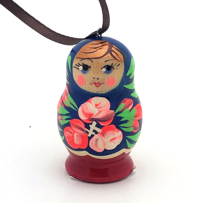 Blue with pink roses nesting doll Christmas ornament
