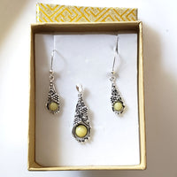 butterscotch amber sterling silver earrings and pendant jewelry set in box