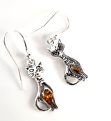 Silver Cat with Honey Amber Earrings BuyRussianGifts
