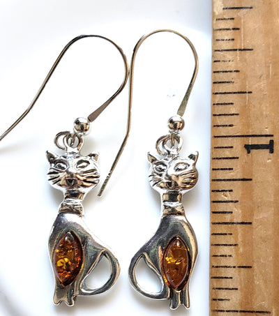 Silver Cat with Honey Amber Earrings BuyRussianGifts