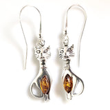 Amber silver Cat earrings