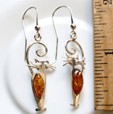 Cat with Long Tail Amber Sterling Silver Hook Earrings BuyRussianGifts Store