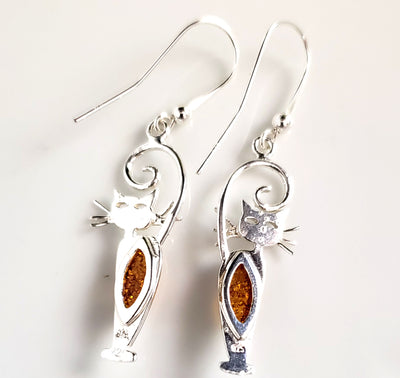 Cat with Long Tail Amber Sterling Silver Hook Earrings BuyRussianGifts Store