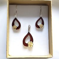 cherry amber leaf with butterscotch amber flower earring pendant set  in gift box