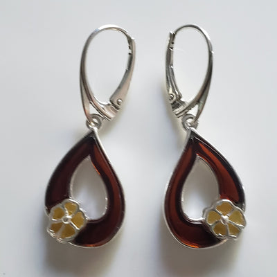 cherry amber leaf with butterscotch amber flower earring 