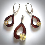 cherry amber leaf with butterscotch amber flower earring pendant set 